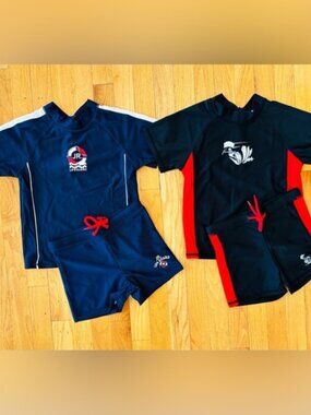 2 Pairs Boy Swim-Sets with Swim Trunks & Rash-guards in Black and Navy Blue NWOT